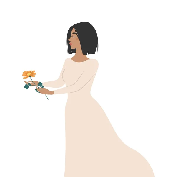 Femme en robe longue avec une fleur dans les mains. Illustration vectorielle — Image vectorielle