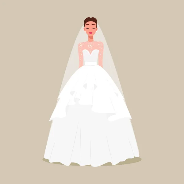 La sposa in un abito lussureggiante con un velo. Illustrazione vettoriale in stile fumetto piatto — Vettoriale Stock