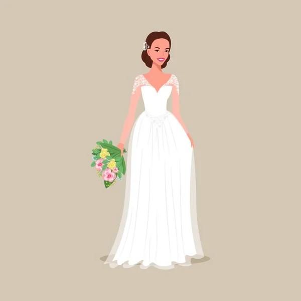 Die Braut im Abendkleid mit einem Strauß in der Hand. Vektorillustration im flachen Cartoon-Stil — Stockvektor