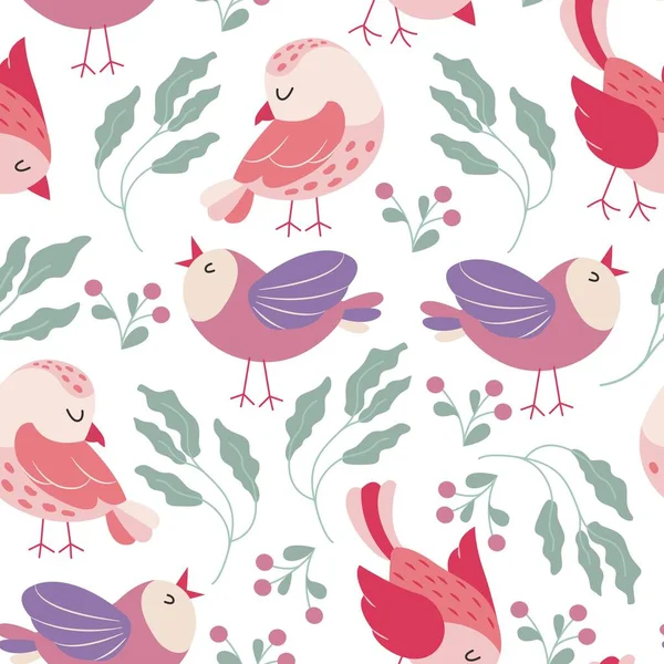 Colorful birds seamless pattern. Exotic birds in different print poses. Vector illustration.