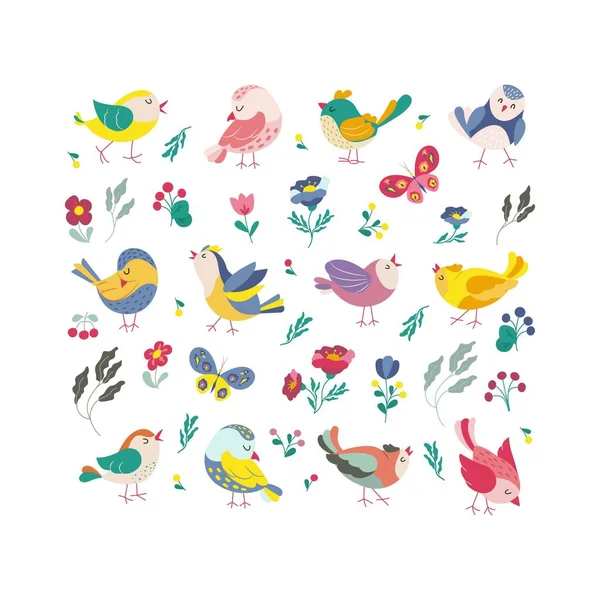 Funny colored birds butterflies and flowers set. Exotic birds collection. Vector illustration in flat style.