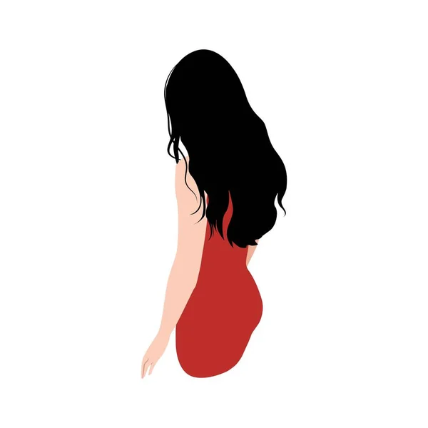 Girl Long Black Hair Red Dress View Back Vector Illustration — ストックベクタ