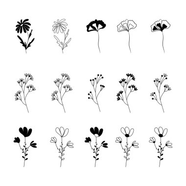 Çiçek, çiçek, dal ve yapraklar. Çiçeklerin vektör siluetleri.