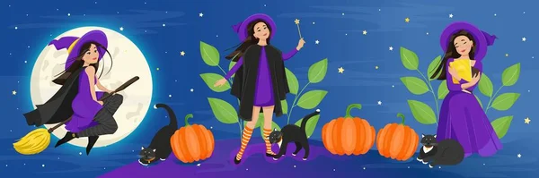 Female Characters Halloween Set Cute Witch Cloak Stockings Flies Broomstick — стоковый вектор