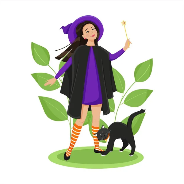 Cute Witch Robe Big Hat Magic Wand Her Hand Black — 스톡 벡터