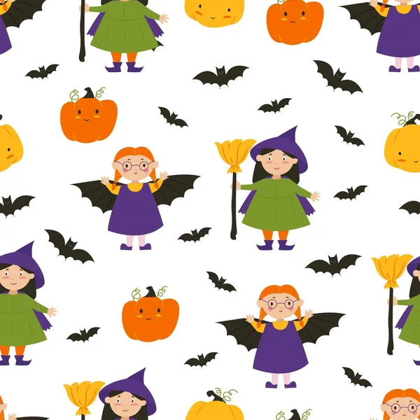 Halloween Witches Children Halloween Costumes Pumpkins Bats Flat Illustration Vector — стоковый вектор