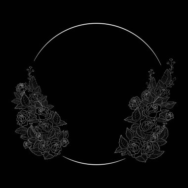 Round frame with white flowers roses on a black background. Vector illustration.