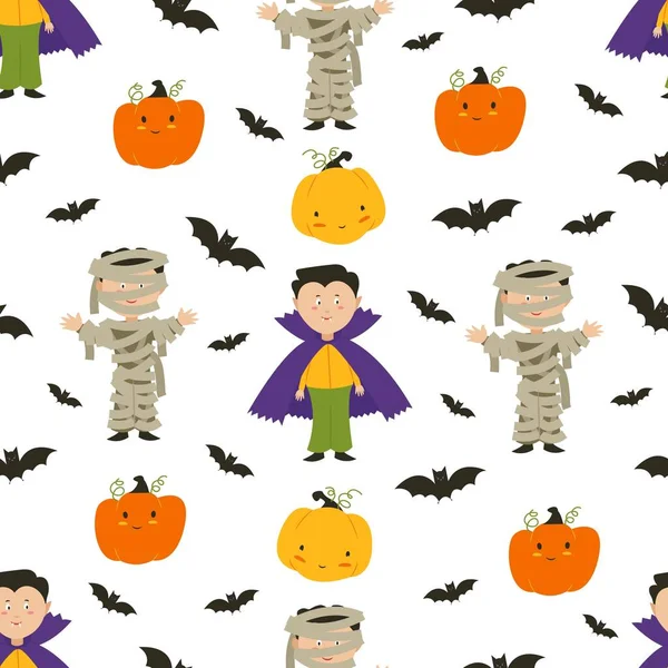 Halloween Ghosts Children Halloween Costumes Pumpkins Bats Flat Illustration Vector — стоковый вектор