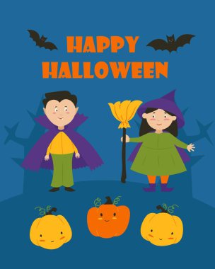 Postcard banner for Halloween, Children in costumes of ghosts. Vector illustration.