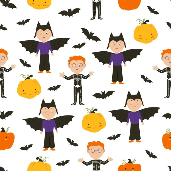 Halloween Ghosts Children Halloween Costumes Pumpkins Bats Flat Illustration Vector — Vector de stock