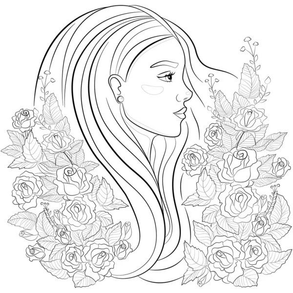 Beautiful Young Girl Roses Coloring Book Children Adults Vector Line — Stockvektor