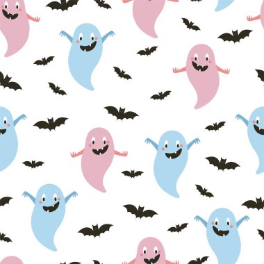 Funny ghosts and bats seamless pattern. Halloween print. Vector illustration in flat style.