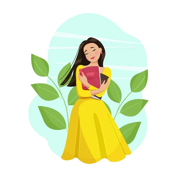 Book Lovers Day Happy Girl Hugs Books Read More Books — Vector de stoc