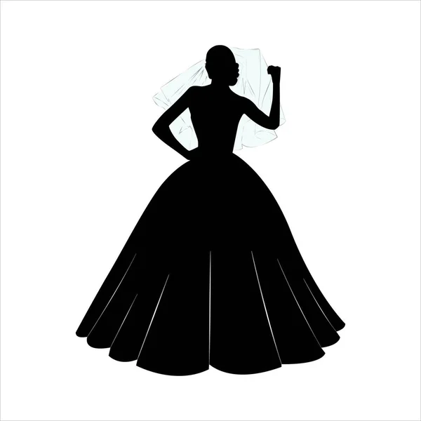 Bride holding veil silhouette. Female silhouette in a lush dress on a white background. Vector illustration.