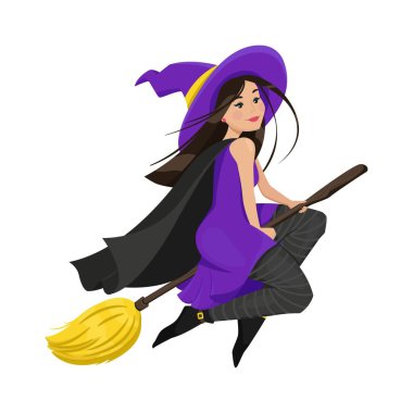 A cute witch in a cloak and stockings flew on a broomstick. Vector illustration in flat cartoon style.