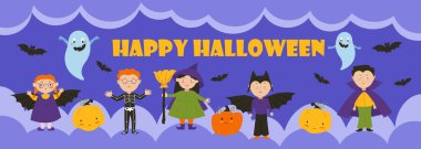 Children in costumes witches, vampire, death, ghosts, pumpkins and bats, Halloween party banner. Vector illustration.