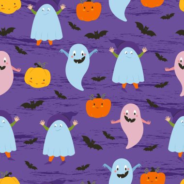 Cadılar Bayramı hayaletleri Cadılar Bayramı kostümlü çocuklar, balkabakları. Düz çizim. Vektörsüz desen.