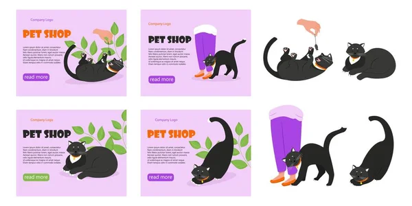 Σετ Πανό Για Κατοικίδια Μαύρη Γάτα Κολάρο Εικονογράφηση Διάνυσμα Επίπεδο — Διανυσματικό Αρχείο