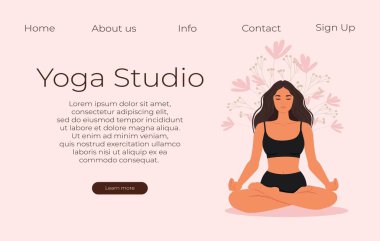 Yoga stüdyo vektör pankartı. Kız nilüfer pozisyonunda oturuyor. Düz biçimli vektör illüstrasyonu.