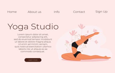 Yoga stüdyo vektör pankartı. Kız geriniyor. Düz biçimli vektör illüstrasyonu