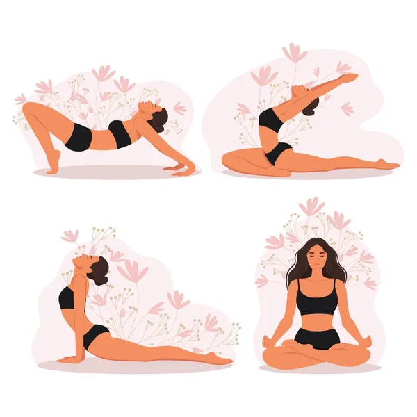 Ragazza Che Yoga Diverso Yoga Pone Insieme Personaggi Femminili Esercizi — Vettoriale Stock