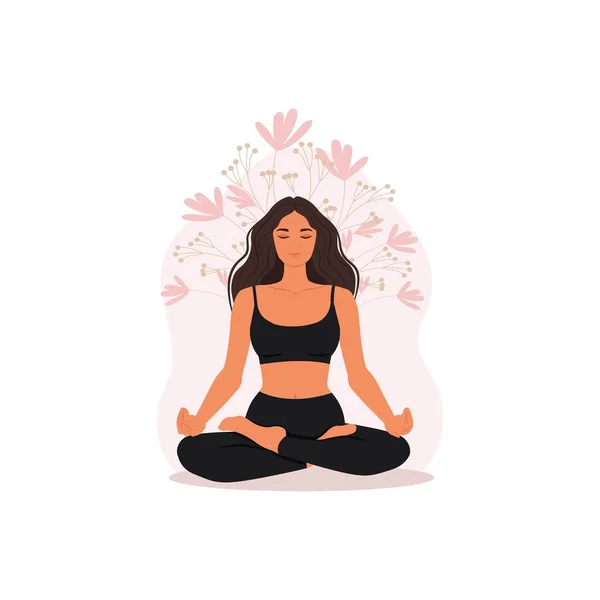 Yoga yapan bir kız, kadın karakterlerin yoga pozu. Nilüfer pozisyonunda meditasyon egzersizleri. Vektör illüstrasyonu.