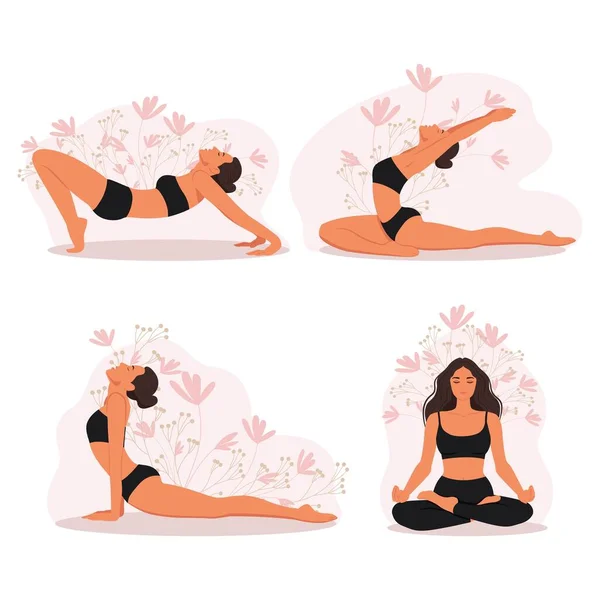 Chica Haciendo Yoga Diferentes Posturas Yoga Conjunto Personajes Femeninos Ejercicios — Archivo Imágenes Vectoriales