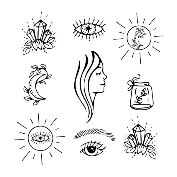 Esoterische Symbole Handgezeichnet Set Vektor Doodles Auge Mond Sonne Frauenprofil — Stockvektor