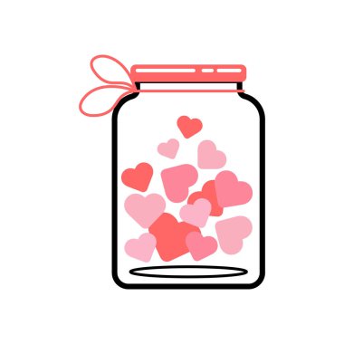 Sevgililer Günü için üzerinde pembe kalpler olan büyüleyici bir kavanoz. Satır sanatı ve düz stilde vektör illüstrasyonu.