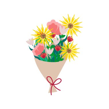 Kraft kağıdına sarılı bir buket farklı çiçek. Düz biçimli vektör illüstrasyonu izole edildi.