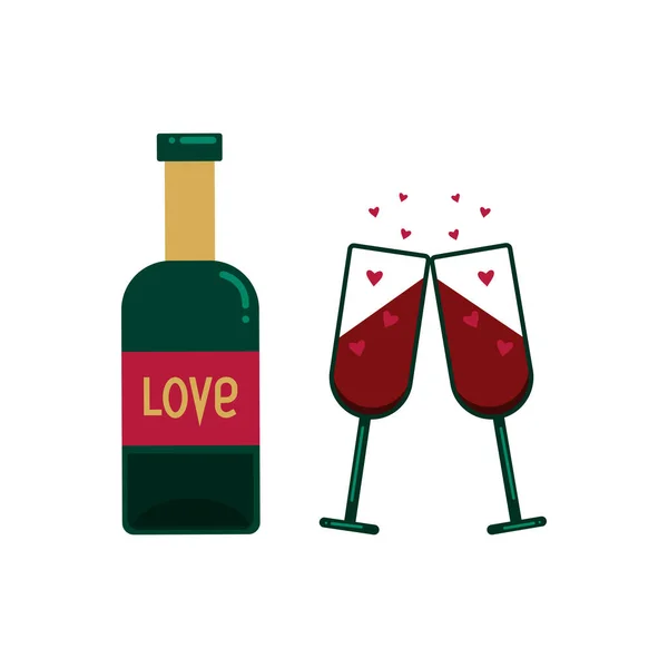 Bir Şişe Kırmızı Şarap Iki Bardak Pembe Kalpler Düz Biçimli — Stok Vektör