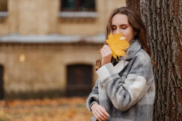 Joven chica sonriente con un abrigo gris sostiene una hoja amarilla en sus manos —  Fotos de Stock
