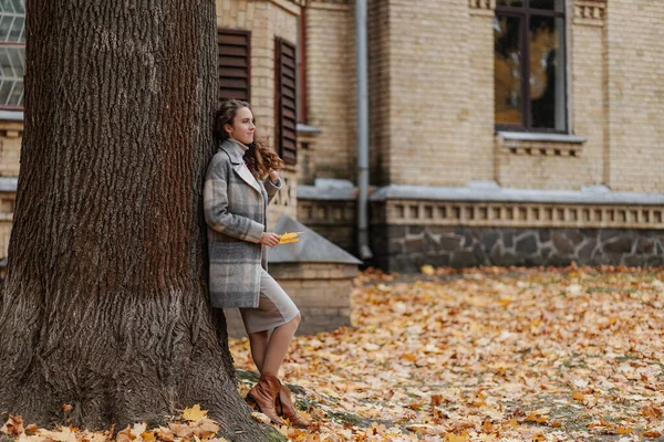 Una joven con un abrigo gris se apoya en un árbol en un parque de otoño — Foto de Stock