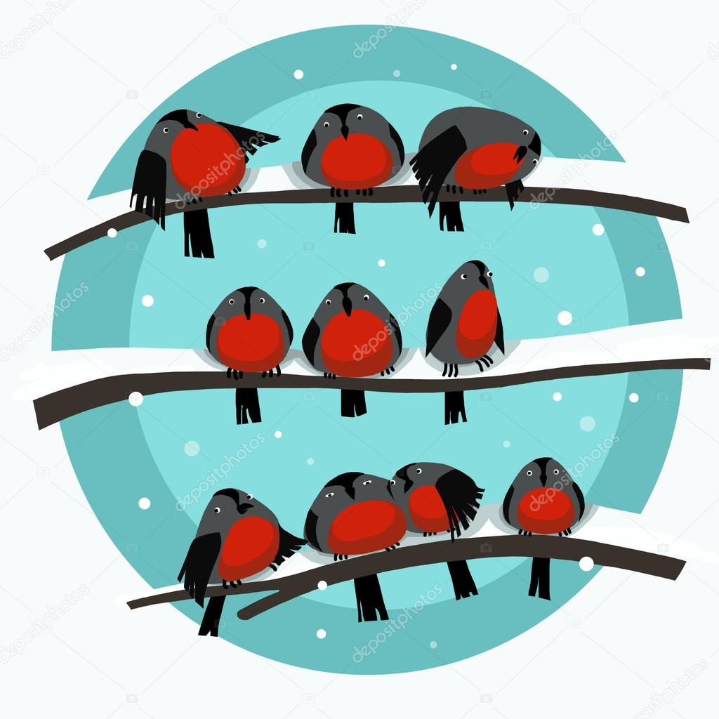Illustration of birds on a branch in the winter