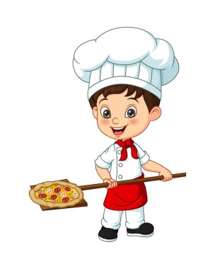 Çizgi film karakteri, küçük aşçı ve pizza.