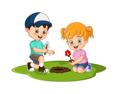 Bahçeye çiçek eken şirin çocukların vektör çizimi.