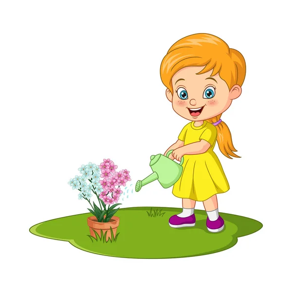 Векторна Ілюстрація Милої Дівчинки Поливає Квіти — стоковий вектор