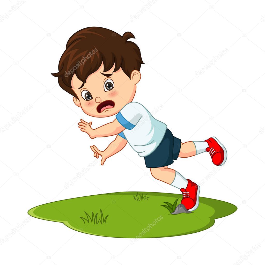 Vector illustration of Cute little boy falling down in the grass