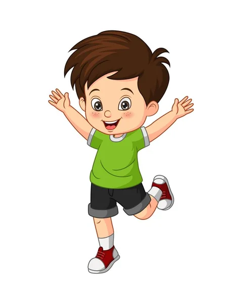 Vektor Illustration Von Cartoon Glücklicher Kleiner Junge Hebt Die Hände — Stockvektor
