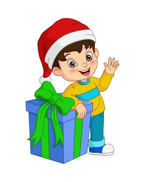 Vektor Illustration Von Cartoon Kleiner Junge Mit Riesigem Geschenkkarton — Stockvektor