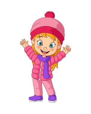 Çizgi film kızı, kış kıyafetleri giymiş, el sallıyor.