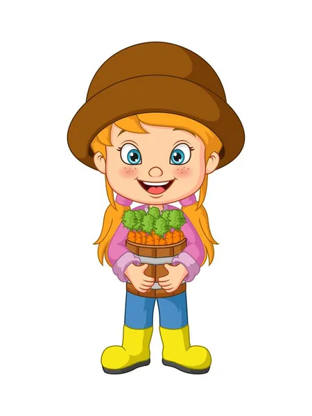 당근을 수확하는 귀여운 소녀를 분사기 — 스톡 벡터