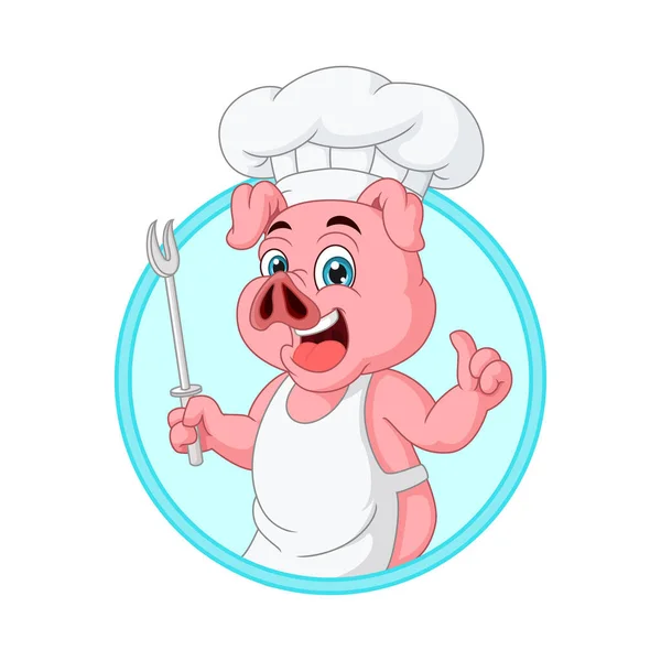 vector Illustration of Cartoon little pig chef holding a fork