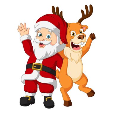 Ren geyiklerinin el salladığı Noel Baba çizgi filminin vektör çizimi