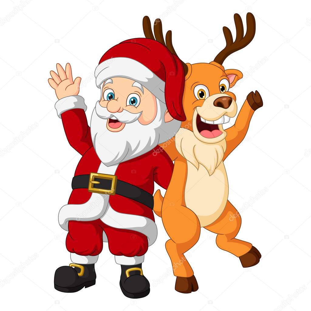 vector illustration of Cartoon santa claus with reindeer waving hands