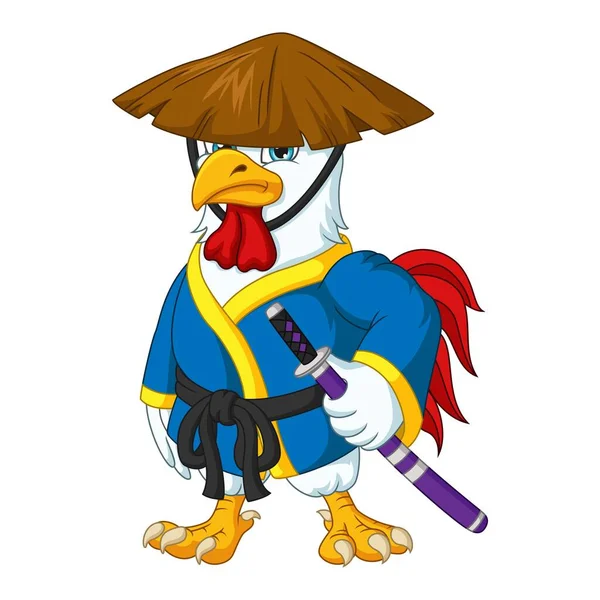 Ilustração Vetorial Galo Samurai Cartoon Segurando Uma Espada — Vetor de Stock