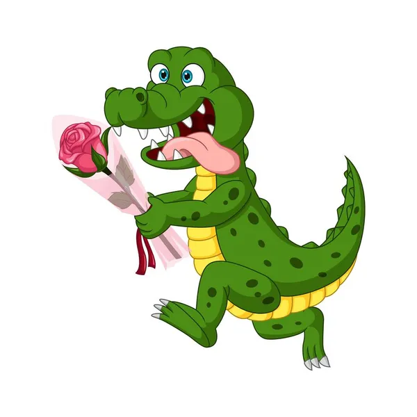 Vector Illustration Cartoon Alligator Holding Pink Flowers — Stock Vector