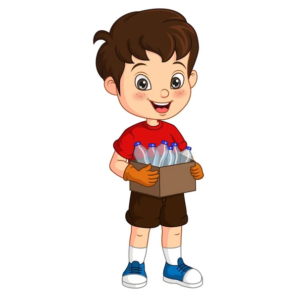 Wektor Ilustracja Cute Little Boy Trzymając Pudełko Plastikowe Butelki — Wektor stockowy