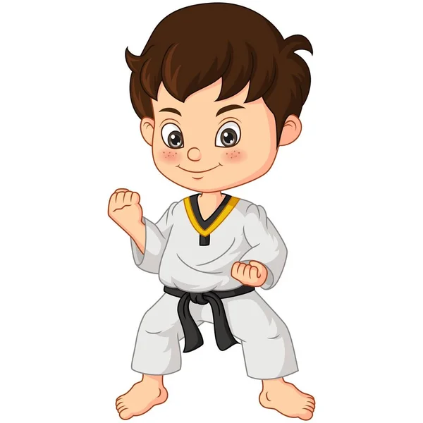 Vektor Illusztráció Rajzfilm Kisfiú Gyakorló Karate — Stock Vector