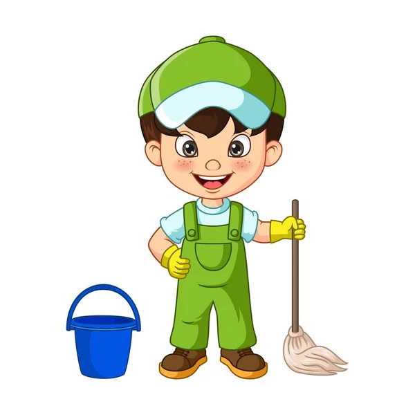 Vector Illustration Cute Janitor Boy Holding Mop Cleaning - Stok Vektor